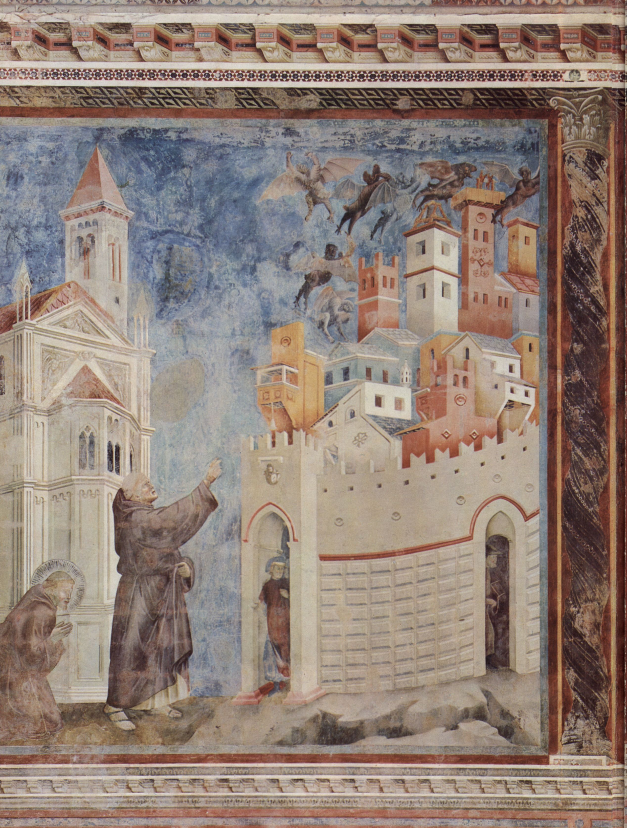 Giotto di Bondone: Freskenzyklus zum Leben des Hl. Franziskus von Assisi, Szene: Die Verteibung der Teufel aus Arezzo