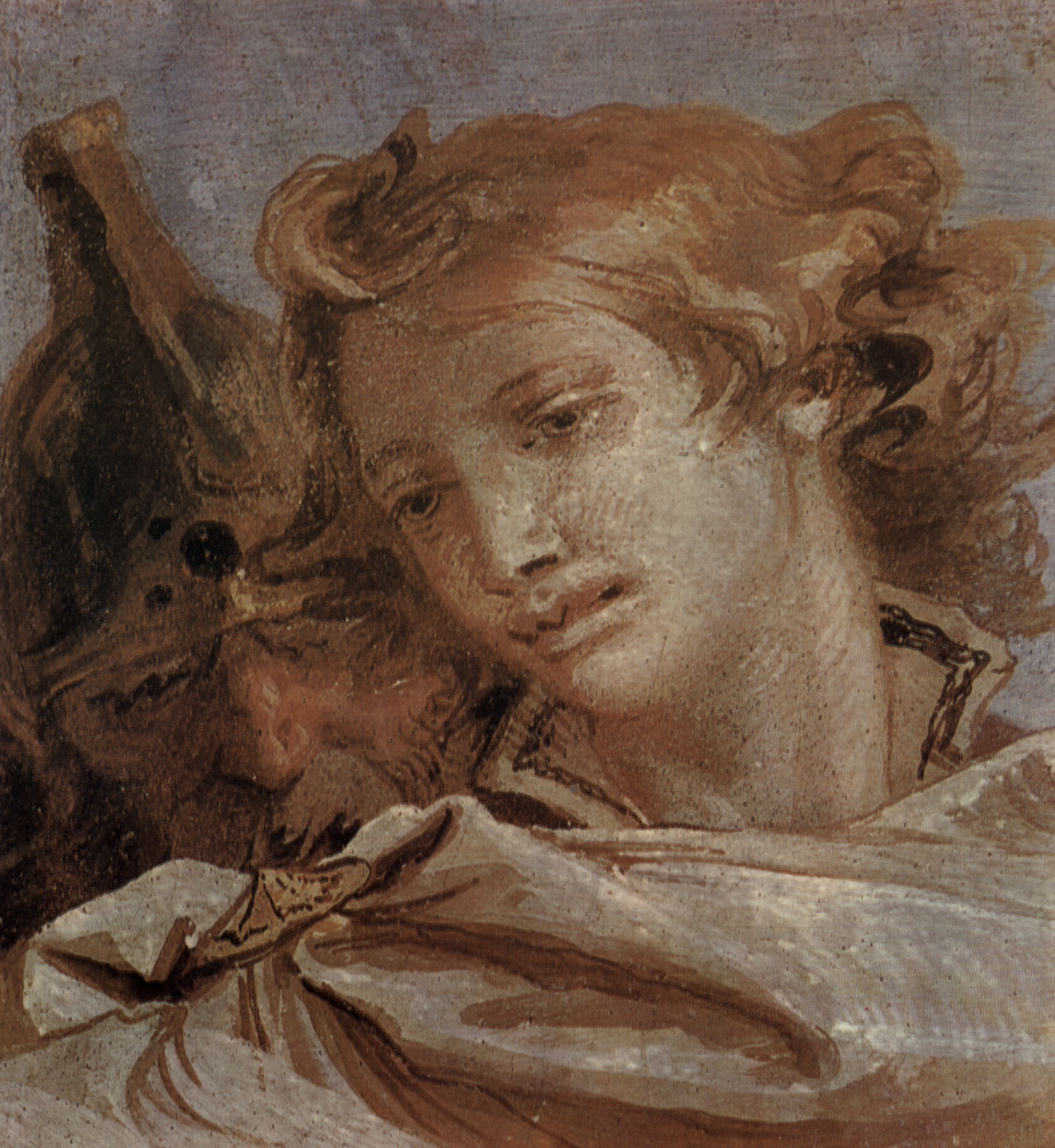 Giovanni Battista Tiepolo: Fresken in der Villa Vallmarana, Vicenca, Szene: Rinaldo betrachtet sich in dem Wappenschild, welches Ubaldo ihm prsentiert