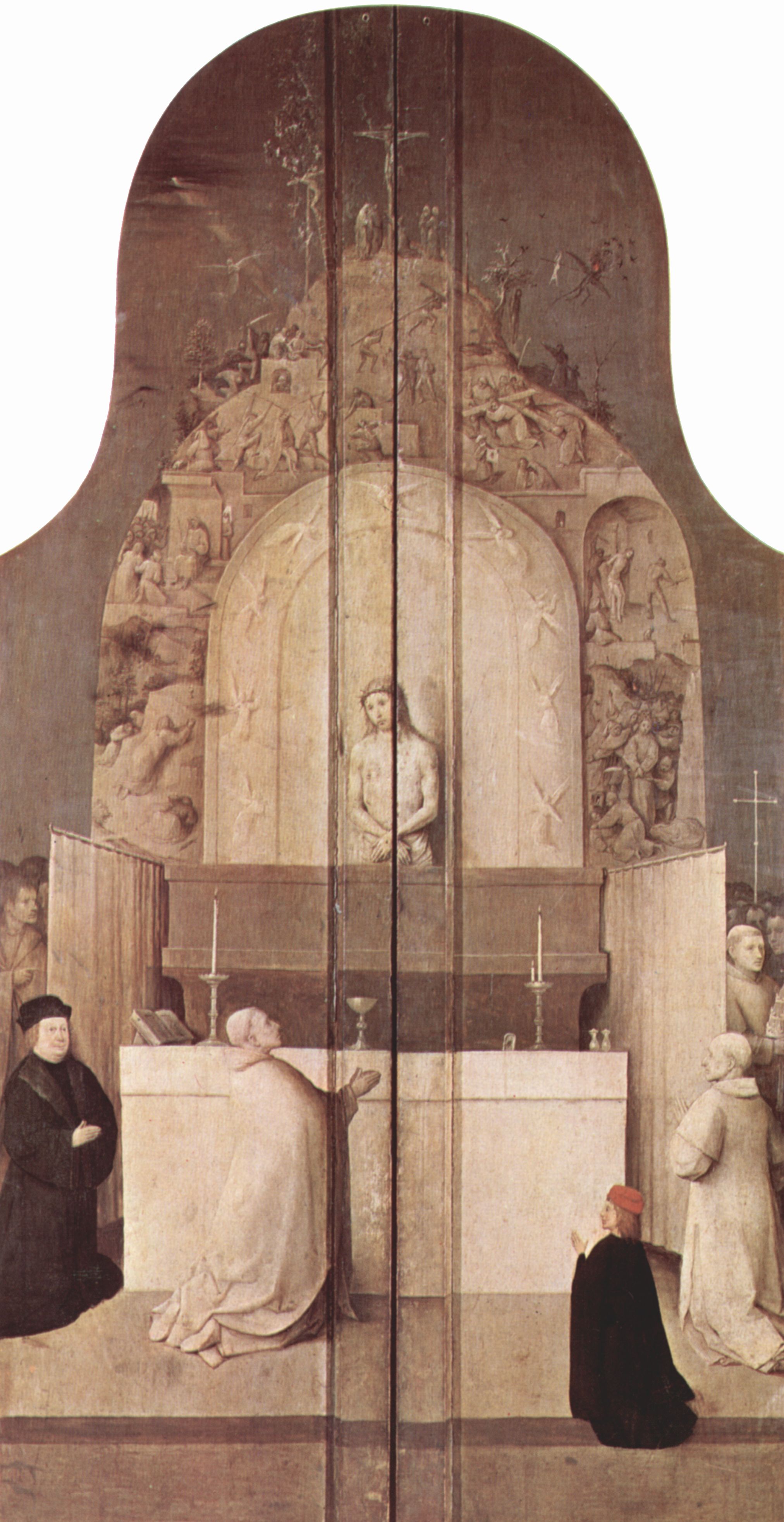 Hieronymus Bosch: Epiphanie-Triptychon, Auenseiten der Flgel (geschlossener Zustand): Die Messe mit dem Hl. Papst Gregor I. und Stifter und dessen verstorbenen Vater sowie Christus mit den Materwerkzeugen