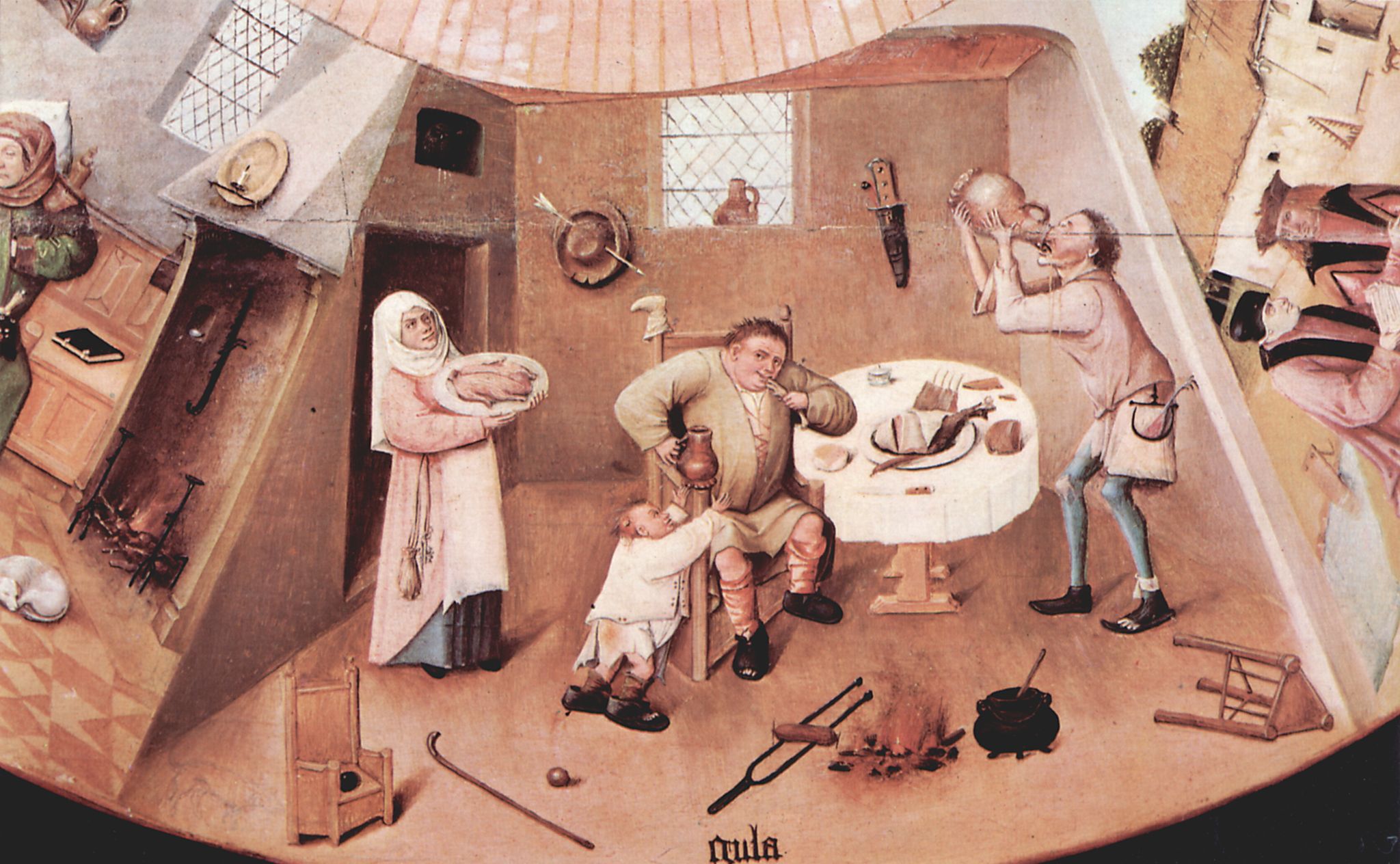 Hieronymus Bosch: Tisch mit Szenen zu den sieben Todsnden und den letzten vier Dingen, Szene: sieben Todsnden, Detail: Unmigkeit
