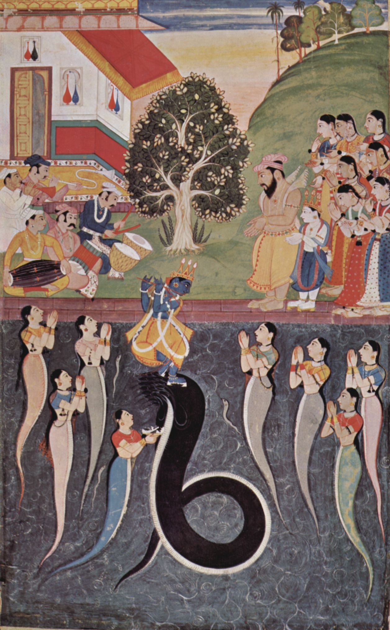 Indischer Maler um 1640: Bhgavata-Purna-Manuskript, Szene: Krishna bezwingt die Schlange Kaliya