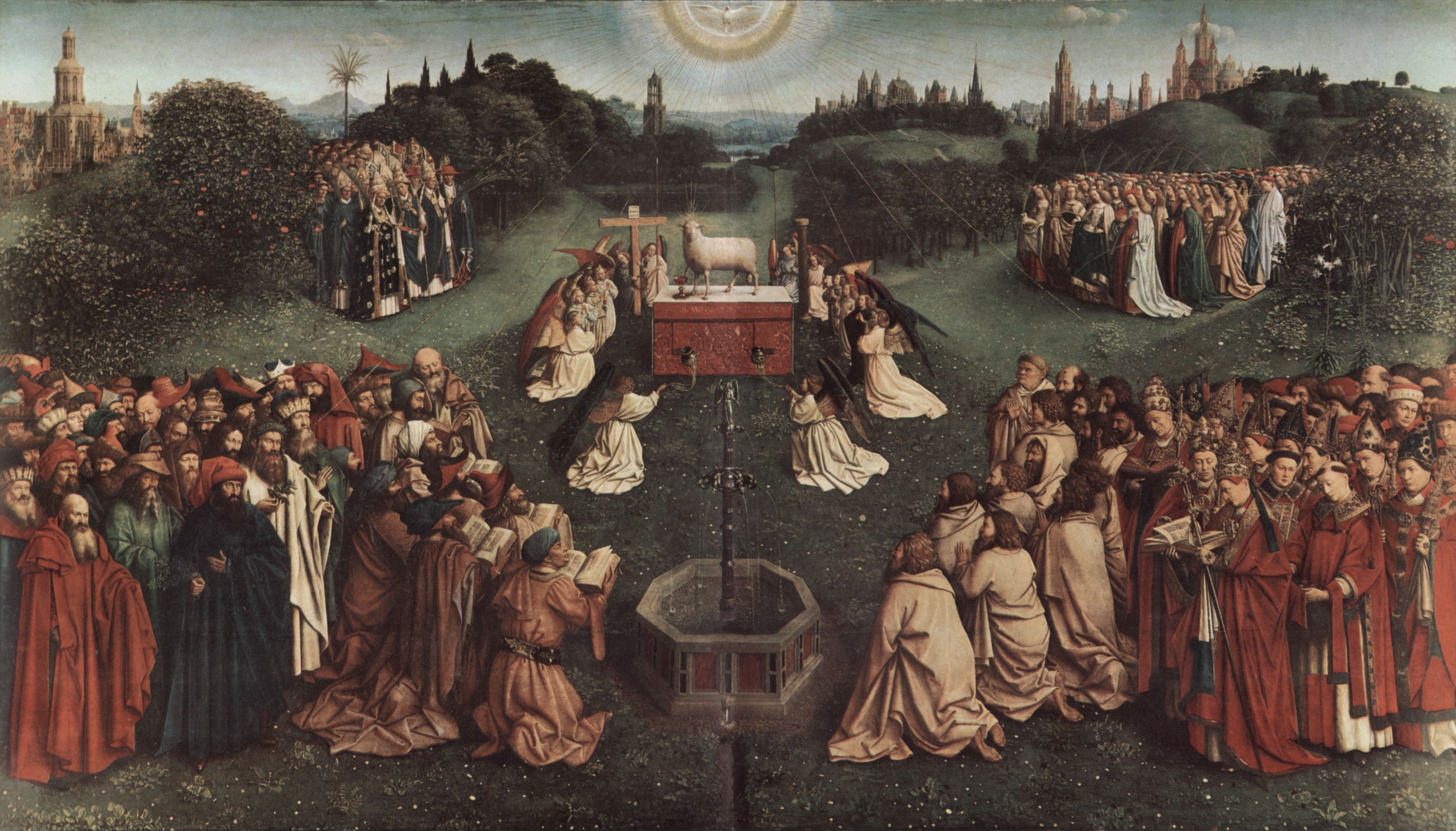 Jan van Eyck: Genter Altar, Altar des Mystischen Lammes, Haupttafel, Szene: Die Anbetung des mystischen Lammes