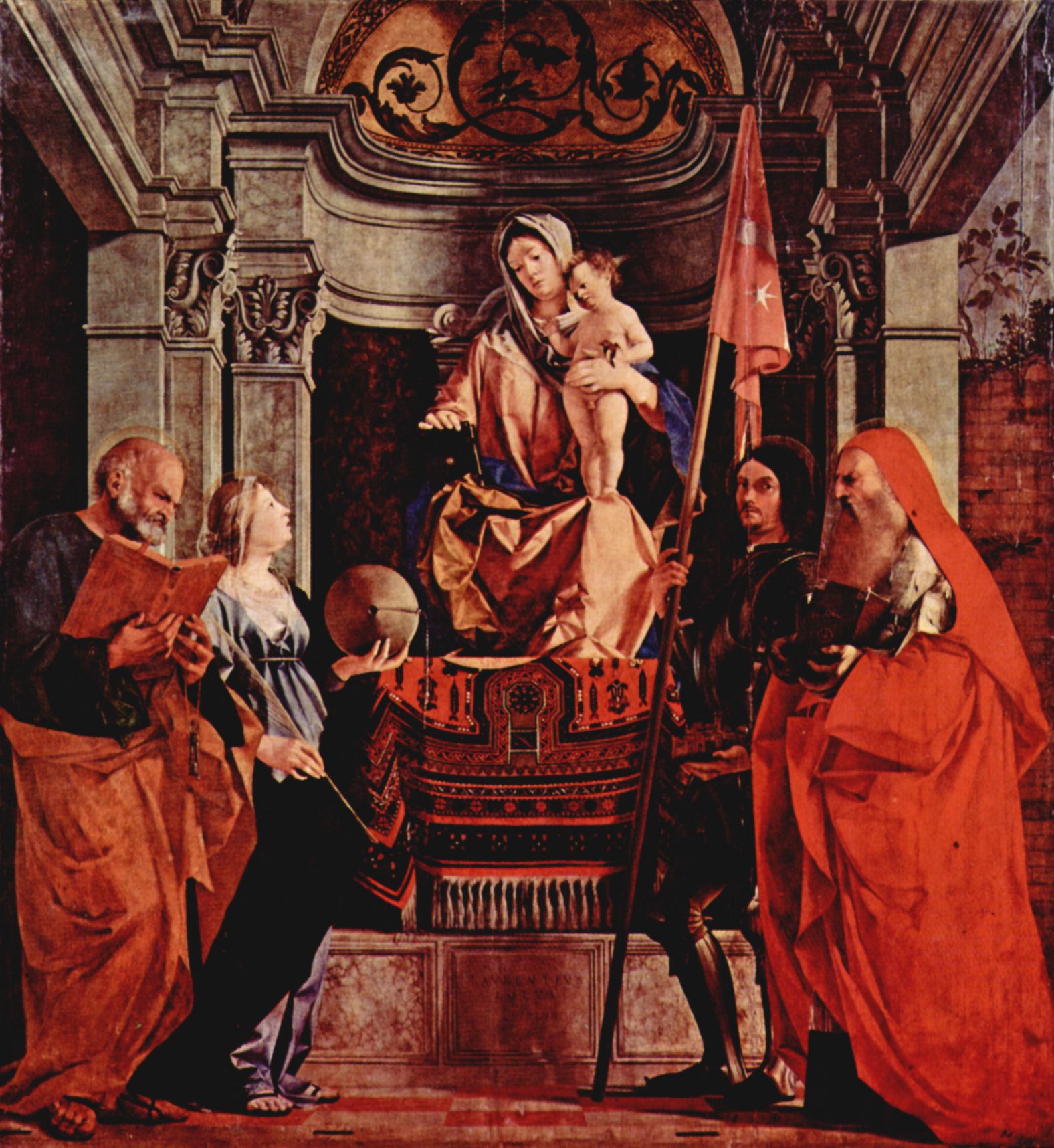 Lorenzo Lotto: Altar der Santa Cristina al Tiverone, Haupttafel: Thronende Madonna, Hl. Petrus, Hl. Christina von Bolsena, Hl. Liberalis und Hl. Hieronymus