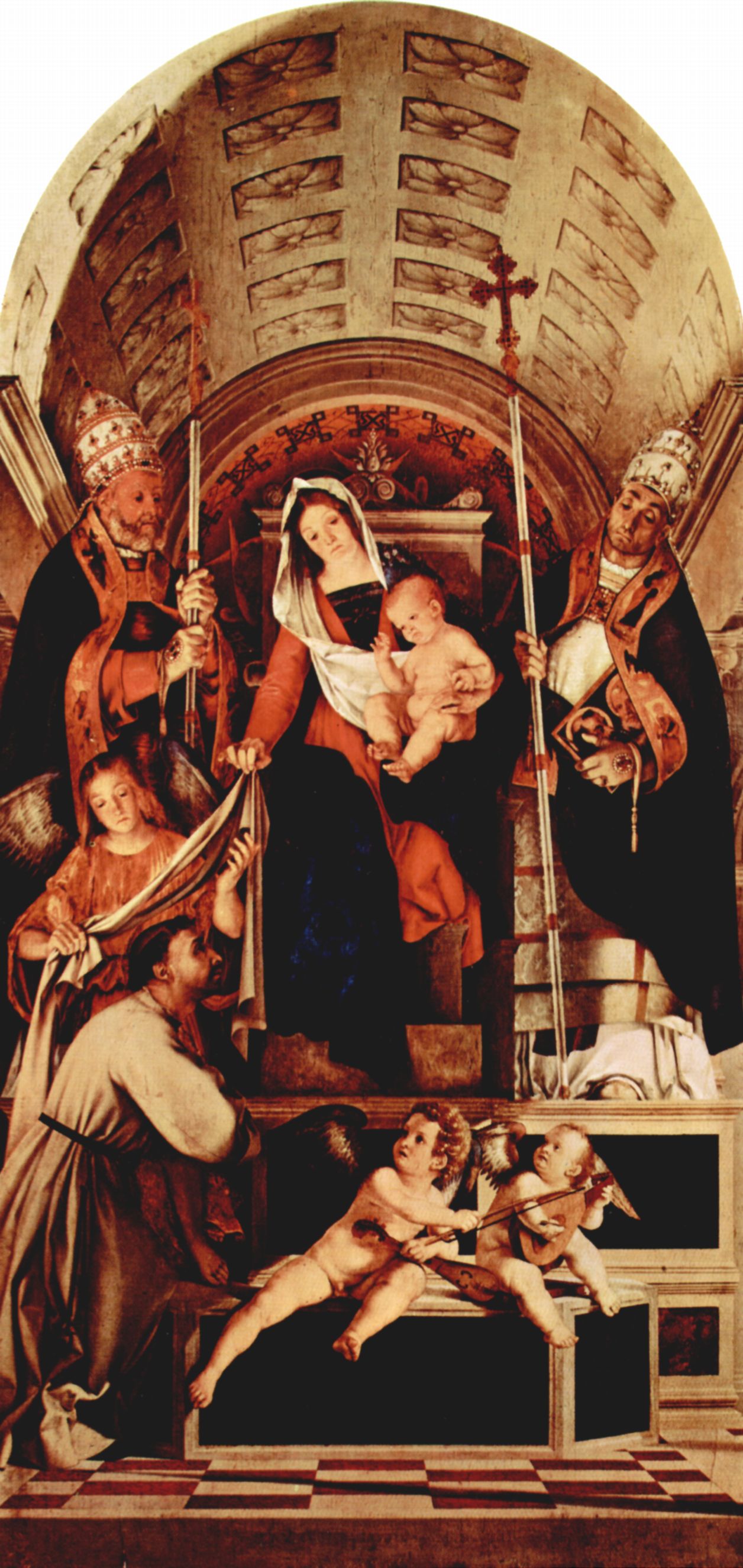 Lorenzo Lotto: Altarpolyptychon von Recanati, Haupttafel: Thronende Maria mit dem Christuskind, drei Engeln, Hl. Dominikus, Hl. Gregor und Hl. Urban