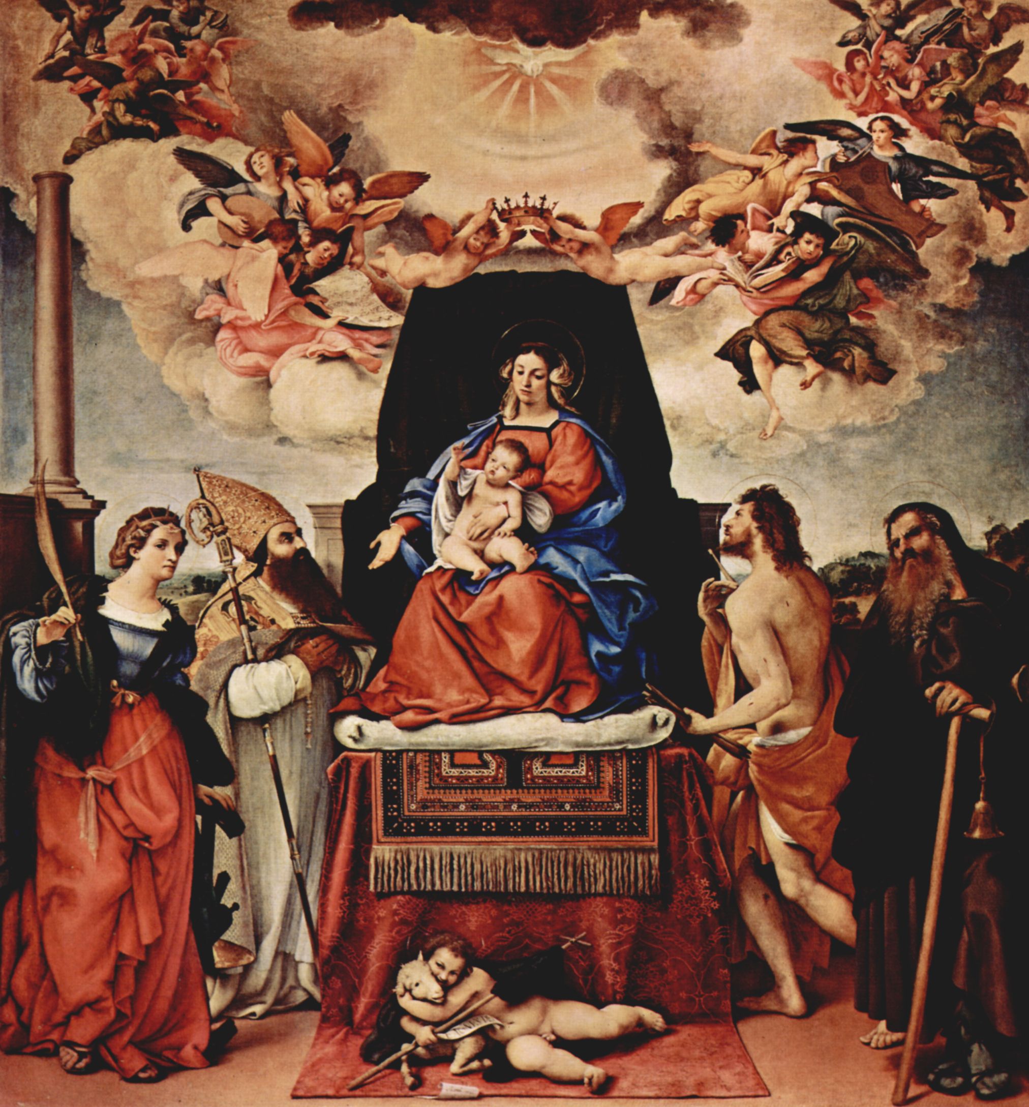 Lorenzo Lotto: Thronende Madonna, Engel und Heilige, links: Hl. Katharina von Alexandrien, Hl. Augustinus, rechts: Hl. Sebastian, Hl. Antonius Abbate