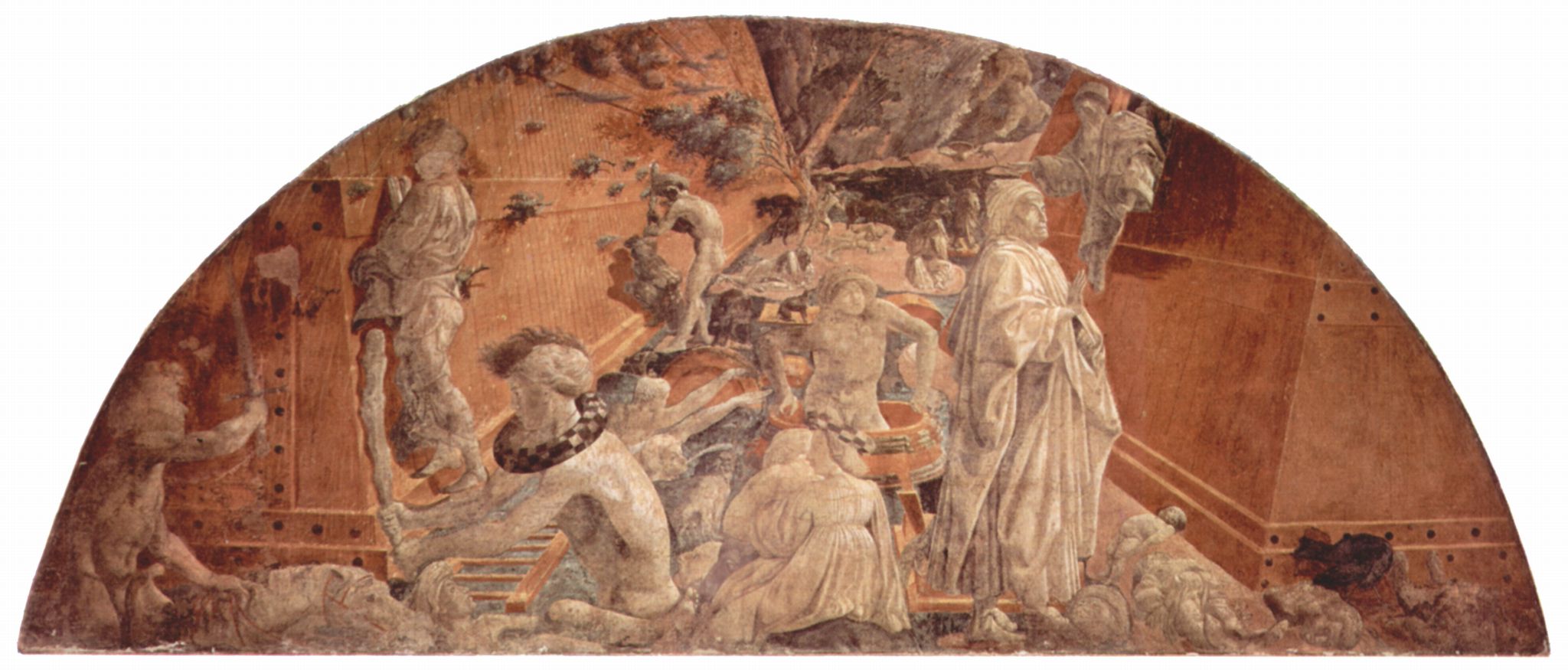 Paolo Uccello: Alttestamentarischer Freskenzyklus zur Genesis im Kreuzgang von Santa Maria Novella in Florenz, Szene Lnette: Sintflut und die Arche auf den Fluten schwimmend