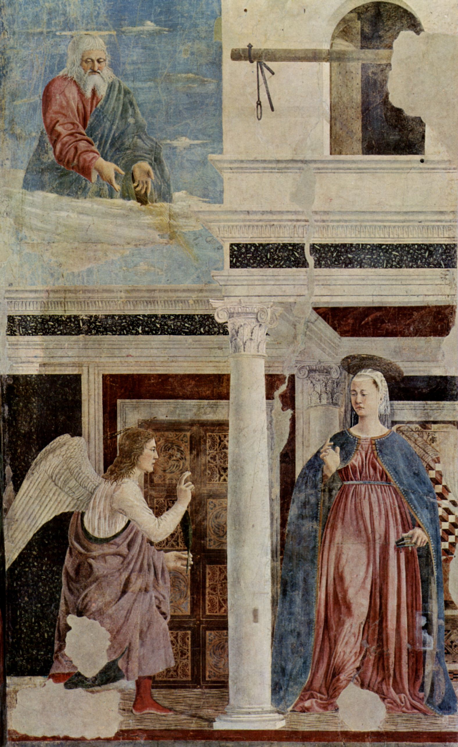 Piero della Francesca: Freskenzyklus der Legende vom Heiligen Kreuz im Chor von San Francesco in Arezzo, Detail: Verkndigung