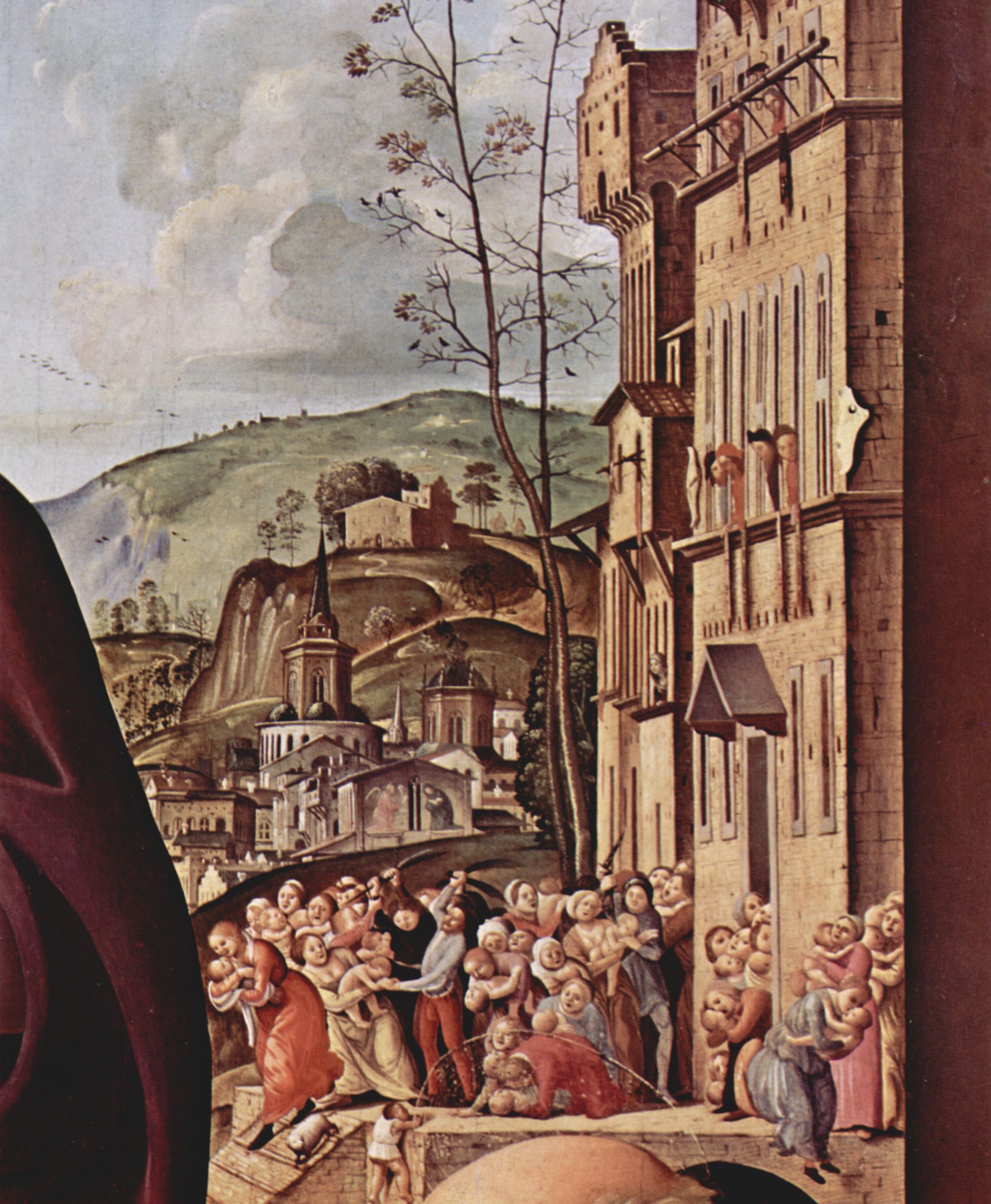 Piero di Cosimo: Heimsuchung, Szene: Maria und Hl. Elisabeth, Hl. Nikolaus und Hl. Antonius, Detail: Bethlehemitischer Kindermord