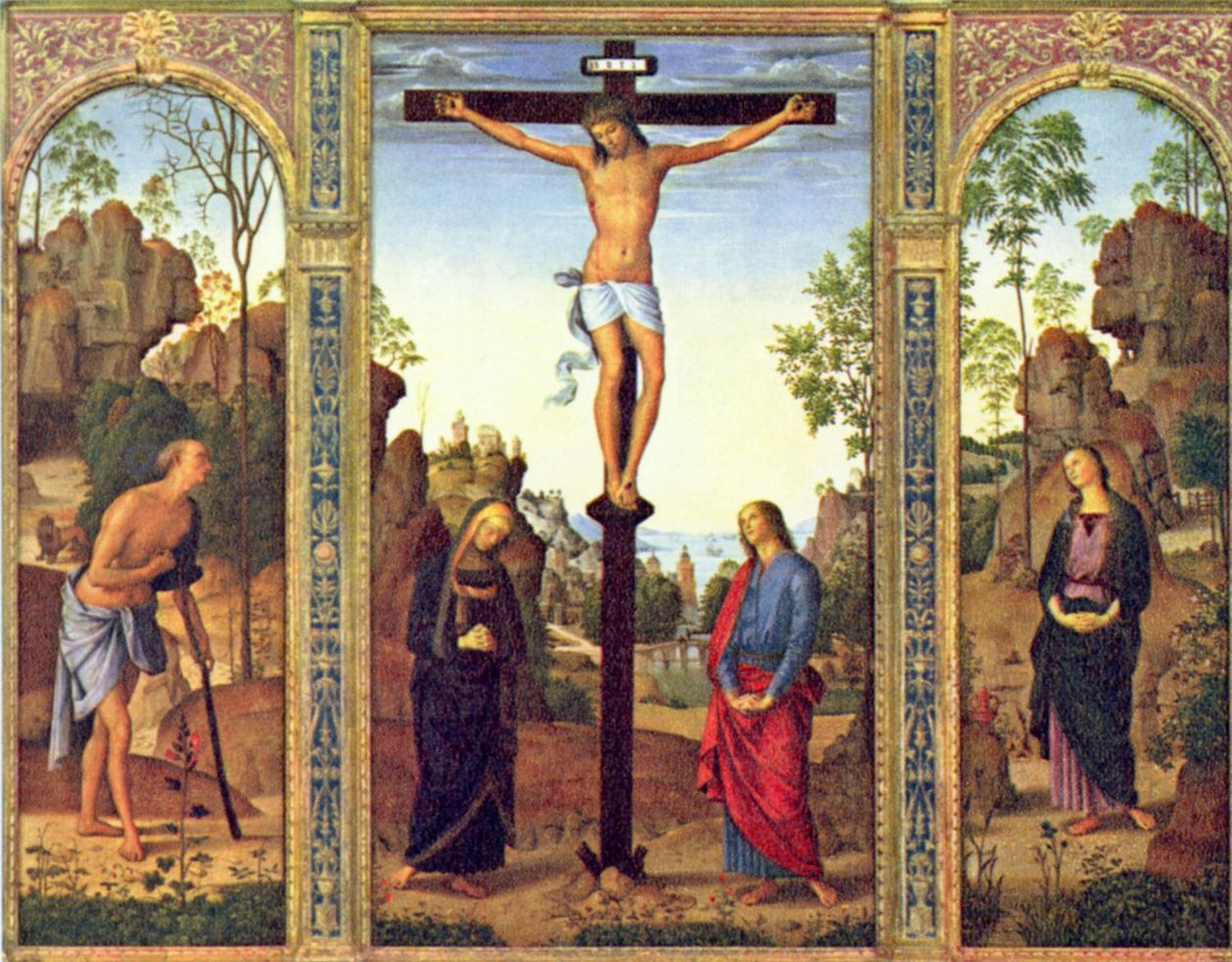 Pietro Perugino: Galitzin-Triptychon, Gesamtansicht, Kreuzigung mit Maria und Hl. Johannes Evangelist, linker Flgel: Hl. Hieronymus, rechter Flgel: Hl. Maria Magdalena