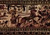 Ägyptischer Maler um 1355 v. Chr.: Truhe aus dem Tal der Könige, Szene: Tutanchamun im Kampf gegen die Asiaten