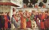 Filippino Lippi: Freskenzyklus der Brancacci-Kapelle in Santa Maria del Carmine in Florenz, Szenen aus dem Leben Petri, Szene: Erweckung des Sohnes des Theophilus, Fürst von Antiochien und Petrus in Kathedra