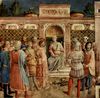 Fra Angelico: Freskenzyklus zum Leben der Heiligen Stephan und Laurentius, Szene: Hl. Laurentius vor dem Gericht des Kaisers Valerian, der ihn auf einem Feuerrost zu Tode martern lt