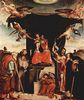 Lorenzo Lotto: Thronende Madonna, Engel und Heilige, links: Hl. Josef, Hl. Bernhard, rechts: Hl. Johannes der Täufer, Hl. Antonius Abbate