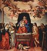 Lorenzo Lotto: Thronende Madonna, Engel und Heilige, links: Hl. Katharina von Alexandrien, Hl. Augustinus, rechts: Hl. Sebastian, Hl. Antonius Abbate