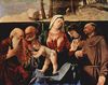 Lorenzo Lotto: Thronende Madonna und Heilige, links: Hl. Hieronymus und Hl. Petrus, rechts: Hl. Klara und Hl. Franziskus