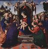 Piero di Cosimo: Mystische Hochzeit der Hl. Katharina von Alexandrien, Szene: Maria mit dem Kind, Engeln, Hl. Katharina von Alexandrien, Hl. Rosa von Viterbo, Hl. Petrus und Hl. Johannes der Tufer