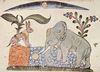 Syrischer Maler von 1354: Kalîla und Dimma von Bidpai, Szene: Der Hase und der Elefantenkönig vor dem Spiegelbild des Mondes in der Quelle